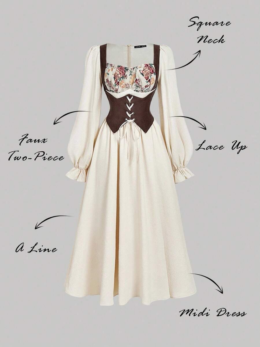 SHEIN MOD Lässiges, retro Taille-eingeengtes Midi-Kleid mit Langarm für Frauen - Verschiedenfarbig - Übersicht 1