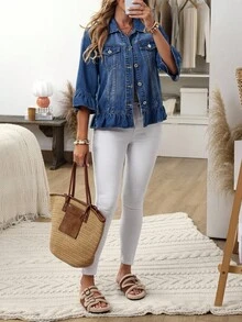 EMERY ROSE Women's Casual Washed Denim Jacket With Ruffle Hem,New Denim Jacket For Autumn And Winter, Romantic Ruffled Waist Denim Short Jacket