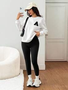 SHEIN PETITE 女秋冬新款运动卫衣打底裤套装休闲显瘦家居服小码升级版 - 黑與白 - 查看 6