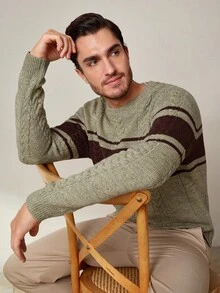 Manfinity Homme Men's Contrast Color Cable Pattern Crew Neck Long Sleeve Sweater, Autumn, Old Money - Multicolor - View 4