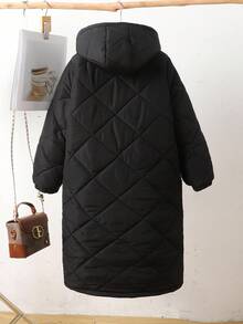 SHEIN 青少年女孩冬季拉链连帽长袖厚衬里绗缝中长款黑色夹克 - 黑色 - 查看 6