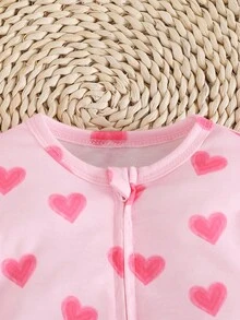 SHEIN Dozemod 儿童新生儿女婴简约蝴蝶结图案圆领长袖前拉链针织连体衣家居服 - 粉色 - 查看 6