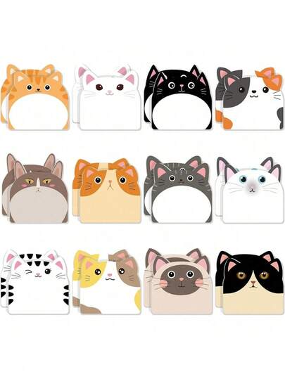 12 Books/Set Or 6/1 Book [Random Style] – Cute Cat-Themed Notes, Notepads, Sticky Notes & Funny Notes; Suitable As Notepads For Office, Home, Students & Roommates, Also Ideal As Tag Gifts