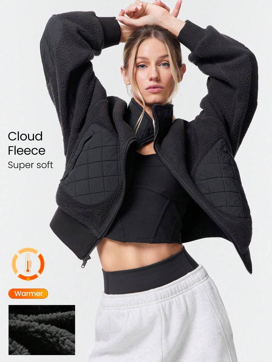 GLOWMODE Chaqueta bomber de forro polar con cuello alto, puños y bajo acanalados, de peso ligero, cálida y suave como una nube, de corte relajado, para otoño e invierno, para uso diario y casual al aire libre - Negro - Ver 1