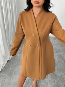 SHEIN Elenzya 大码女式优雅日常通勤宽松腰羊毛大衣 - 棕色 - 查看 5