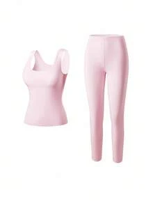 LUVLETTE Women's Thermal Underwear Ultra-Soft Base Layer Cold Weather Warm Winter PJ Set Round-Neck Innerwear Vest And Long Bottoms -Pink Lightweight And Warm Set Pajama Sets