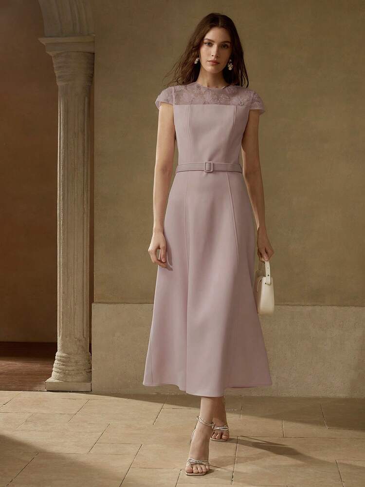 CONTRAST MESH FAUX PEARLS AND BEADED YOKE BUCKLE BELTED DRESS