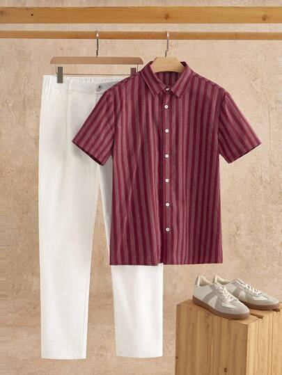 Manfinity NXTstreet Men's Casual Striped Shirt Set, Suitable For Everyday Wear Men Linen Set Men 2 Piece Set Summer Men Casual Sets Men 2 Piece Set Cotton Maroon And White Shirt Men