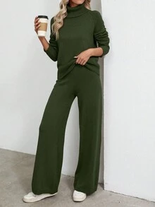 EMERY ROSE Women's Casual Solid Color Turtleneck Sweater And Knit Pants 2 Pieces Set, Autumn/Winter