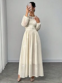 Gloray Women's Elegant Sequin Sheer Waist Cinched Long Sleeve Round Neck Dress