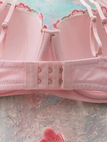 FloralLove 2pcs Underwire Molded Cup Push Up Floral Contrast Color Embroidery Ruffle Cute Fresh Comfy Balconette Romantic Ladies Bra Floral Bra Cute Push Up Bra Pink Push Up Bra Balconette Bras