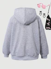 Tween Girl Vintage Bow Print Sweatshirt, Casual Street Style, Spring/Autumn Fall Winter - Grey - View 2