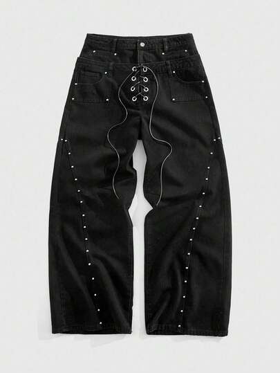 Street Life بنطلون جينز رجالي فضفاض بأرجل واسعة وجيوب ربطة عنق، طراز جرانج