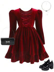 SHEIN Váy nơ 3D trang trí lưng dễ thương cho bé gái tuổi teen, váy đơn giản thanh lịch, thích hợp mặc vào mùa thu đông, Giáng sinh, dự tiệc, sinh nhật - Đỏ - Xem 9