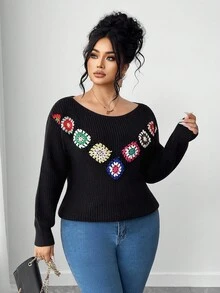Elenzga 大码女式秋冬针织套头衫，手工花卉拼布彩色 V 领休闲时尚百搭 - 黑色 - 查看 5