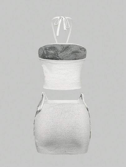 Grunge Punk Punk & Anime Pattern Jacquard Knitted Women 2 Pieces Set: Bandeau Top + Mini Skirt