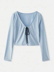 lacRébo Silver Metallic Lurex Long Sleeve Tie Front Party Top Fall Women Autumn Spring Summer - Baby Blue - View 7