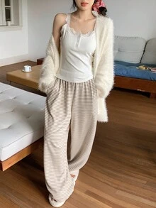 DAZY 3件套女士仿皮草开衫、吊带背心和条纹直筒裤家居服套装，秋冬睡衣，舒适套装 - 白色 - 查看 8