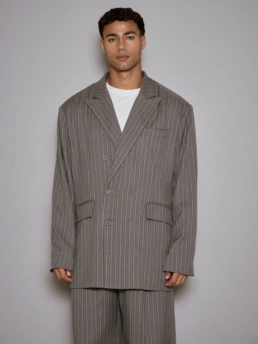 Musero Pinstripe Pocket Detail Oversized Tailored Blazer Spring Summer Smart Casual - Grey - View 1