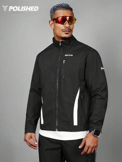 Manfinity Sport Polished Herrjacka med hög krage, dragkedja fram, tryckdesign och mångsidig sportjacka, höst/vinter