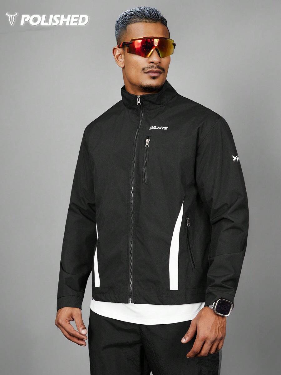 Manfinity Sport Polished Men's Casual Sports Stand Collar Zip-Up Front Print Design Versatile Sports Stylish Jacket, Autumn/Winter - Black - View 1