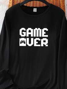 2pcs Boys' Casual Round Neck Long Sleeve "Game Over" Graphic Print Top And Plaid Loose Fit Pants Pajama Set, Soft Knit Fabric - Black - View 4