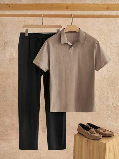 EASEVO Plus Size Men Casual Daily/Work Commute Simple Matching Short Sleeve Polo Shirt And Drawstring Waist Long Pants Set, Spring/Summer/Autumn Men Casual Sets Khaki Men Set Men Summer Pants Set