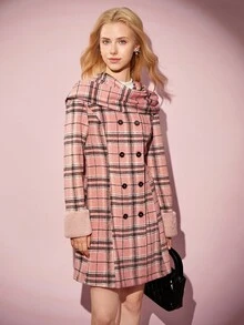 少女优雅时尚格子腰羊毛中长连衣裙配围巾，甜美优雅，秋冬 - 粉色 - 查看 6