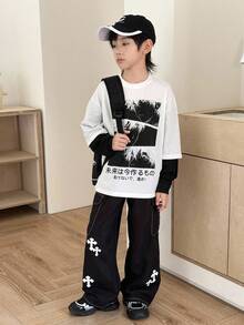 SHEIN Tween Boy 撞色缝线图案工装口袋宽松阔腿裤，适合休闲、运动、学校、时尚百搭 - 黑色 - 查看 3