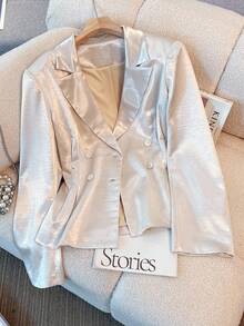 Franclia Áo khoác blazer công sở nữ lót satin thanh lịch, thắt eo, thích hợp đi làm, Thu/Đông - Màu be - Xem 4