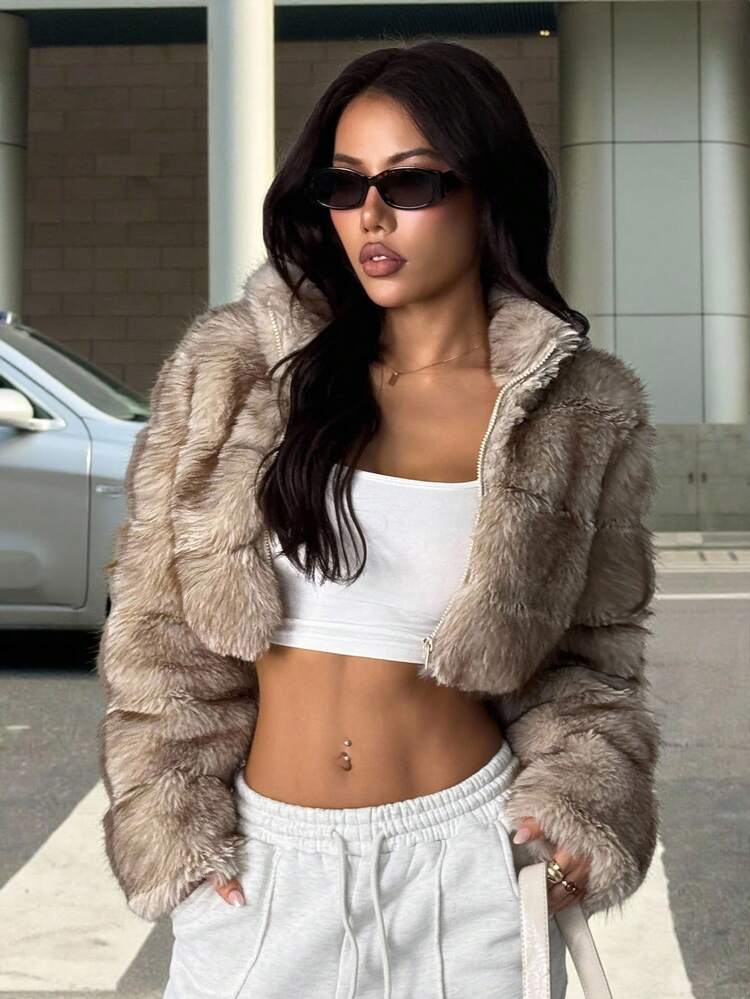 SHEIN PETITE 女性用 ショート丈 ブラウン 長袖 フェイクファーコート 