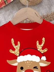 SHEIN 女婴圣诞可爱卡通鹿休闲针织柔软厚圆领长袖运动衫和雪花印花打底裤套装，适合秋冬季 - 彩色 - 查看 4