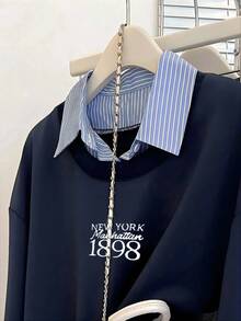 Resyla Women's Casual Commuter College Style Letter & Number Graphic Striped Splice Sweatshirt, Spring/Autumn