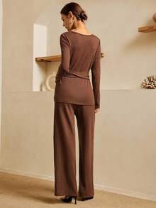 SHEIN Unity Damen braunes, lässiges, elegantes, weiches Fleece 2-teiliges Set Co-Ords, Neuheit für Herbst/Winter Frauen Neujahr Weihnachten Ausgehen Party Pendeln Anlass - Kaffeebraun - Übersicht 3