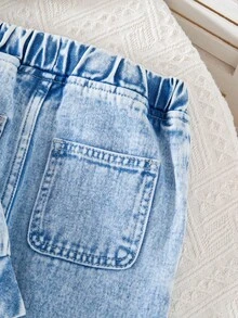 Sparklyn Young Girl Denim Set, Casual Personalized Fashion Denim Hooded Sweatshirt + Loose Pocket Cargo Pants With Belt, Cool Stylish 2-Piece Outfit, Blue, Suitable For Daily, Casual, Holiday Fall Winter - Blue - View 10