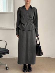 DAZY Solid Button Front Shirt & Split Hem Skirt Lounge Sets For Women - Dark Grey - View 6