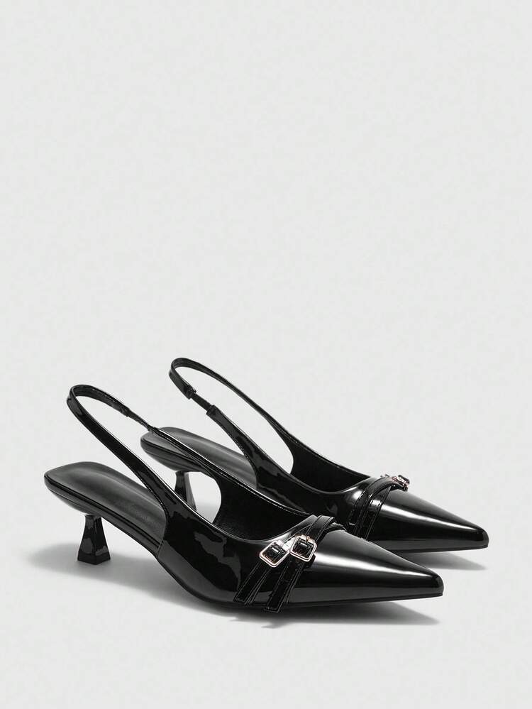 CUCCOO BIZCHIC Tacones de salón de punta fina con tira trasera negros para mujer, versátiles para el uso diario, fiestas, uso casual y la oficina
