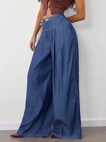 SHEIN Tall CURVE Plus Size Women's Pocketed Fold Pleated Loose Fit Wide Leg Jeans, 4th Of July Summer Cowgirl Western Vacation School Concert Teacher Vintage Hawaii Rave Streetwear