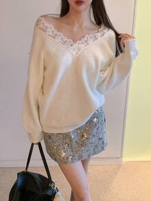 DAZY Áo len dài tay nữ màu trơn phối ren, kiểu dáng thường ngày, thích hợp cho lễ hội Carnival. - trắng - Xem 7