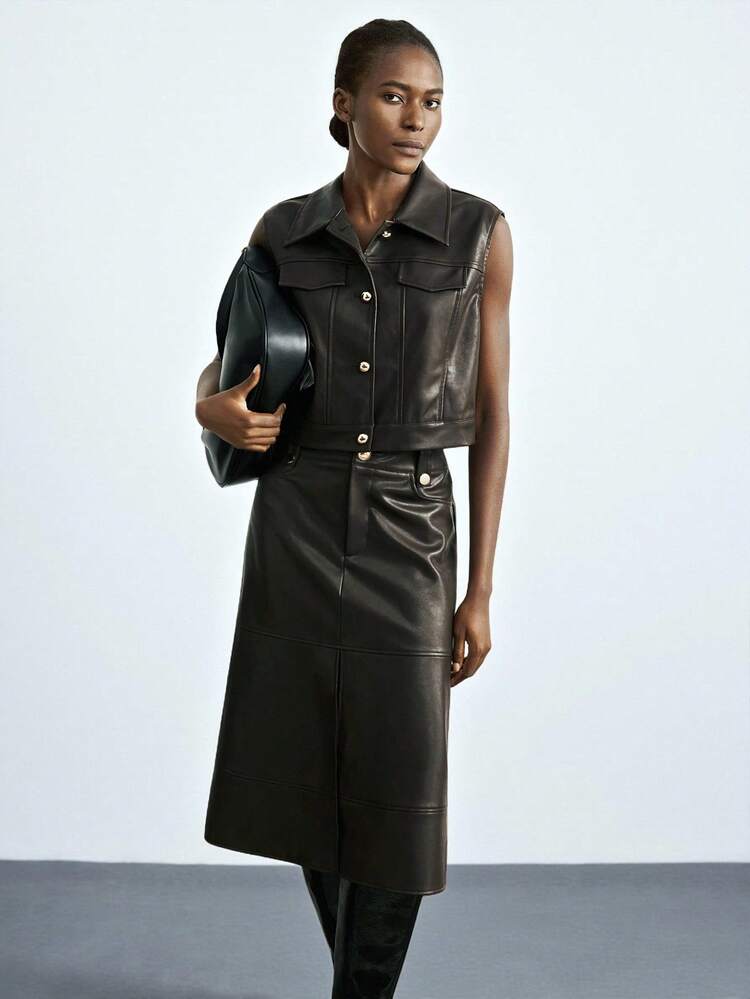 SHEIN Maija 2025 Women's Solid Color Single-Breasted Casual PU Jacket Fall, Halloween, Elegant, Goth, Classic Urban Jacket,Metal Buckle Design, Winter, Fall,National Day, New Year, Going Out