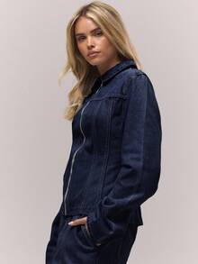 MUSERA Washed Bleached Denim Paneled Zip Down Collared Jacket Only Fall Autumn Old Money Cute Country Cottage Core Back To School Casual Lounge Jacket For Women Butterscotch Evening Party Elegant Christmas Winter