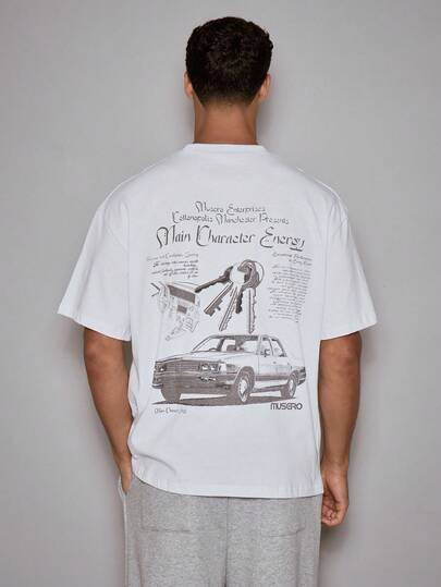 Musero 夏季超大款落肩短袖后背中央印花T恤 /