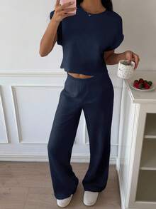 CovetEZ 海军蓝针织女式圆领蝙蝠袖短袖上衣和裤子休闲家居服套装 - 藏蓝色 - 查看 4