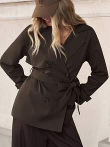 SHEIN Clasi Women's Solid Color Double-Breasted Trench Coat, Commuter Style In Autumn/Winter,Fall - Coffee Brown - View 7