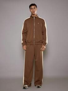 Musero 超大款针织高级运动裤，撞色拼接，弹性抽绳腰带，仅限裤装，秋/春夏款 - 卡其色 - 查看 1