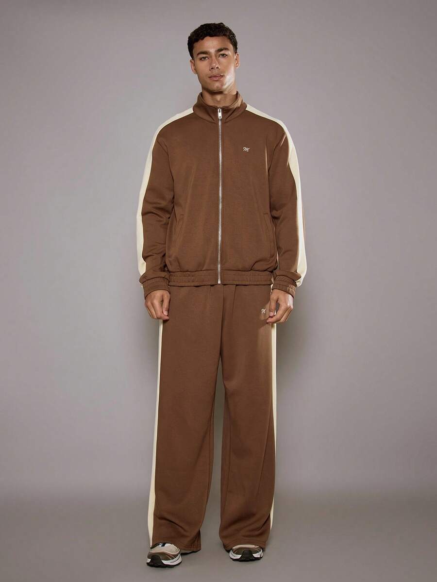 Musero 超大款针织高级运动裤，撞色拼接，弹性抽绳腰带，仅限裤装，秋/春夏款 - 卡其色 - 查看 1