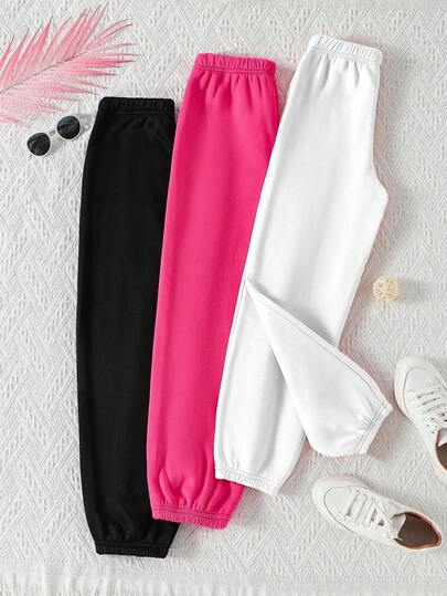 Sparklyn 3 件套 Tween 女童纯色松紧腰休闲慢跑裤（带保暖衬里）
