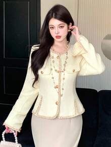 DAZY Elegant French Aristocrat Style Short Women's Jacket, High-Quality Autumn/Winter Women Coats - Beige - View 3