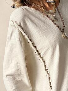 Bohemela T-shirt ample en tricot à col ras-du-cou, manches longues, couleur unie, style bohème décontracté pour l'automne, pour femmes