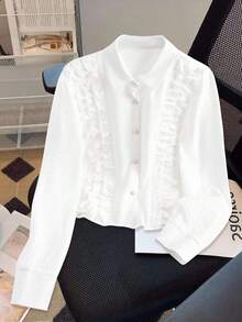 GlowEve 优雅荷叶边领休闲衬衫，时尚设计，别致优雅，适合年轻专业人士和教师，秋冬 - 白色 - 查看 7